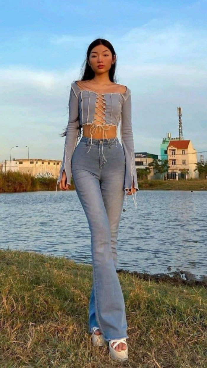 Lace-Up Top and Light Blue Flare Jeans