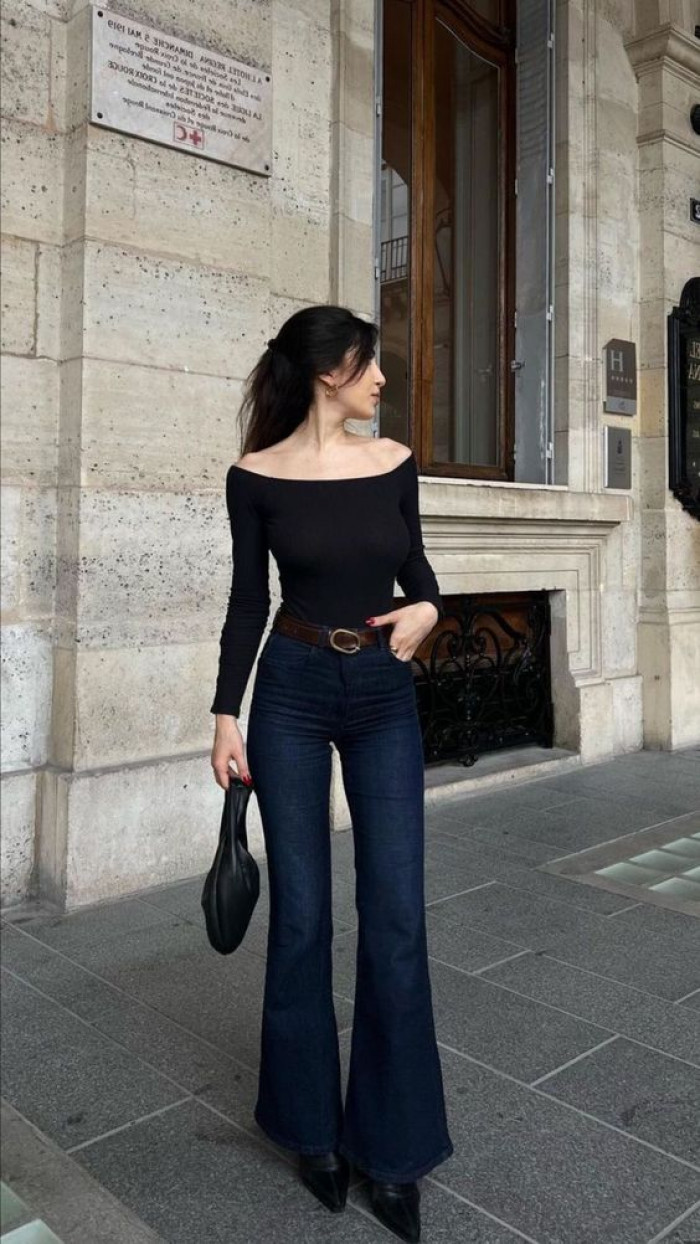 Off-Shoulder Black Top and Dark Flare Jeans