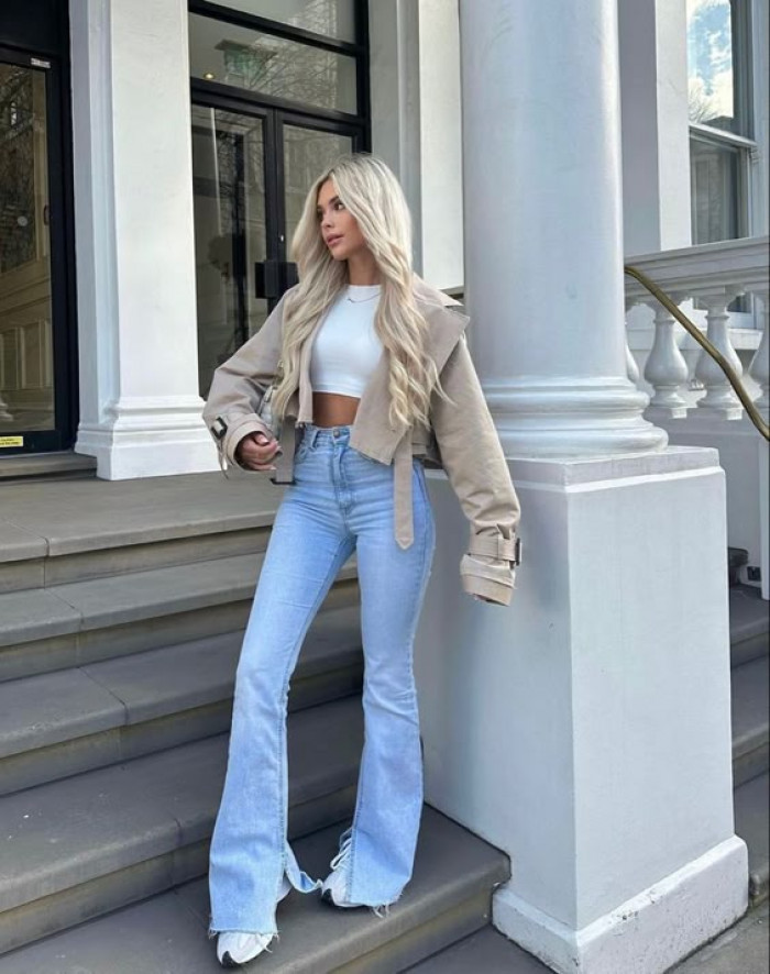 Cropped Jacket and Light-Wash Flare Jeans