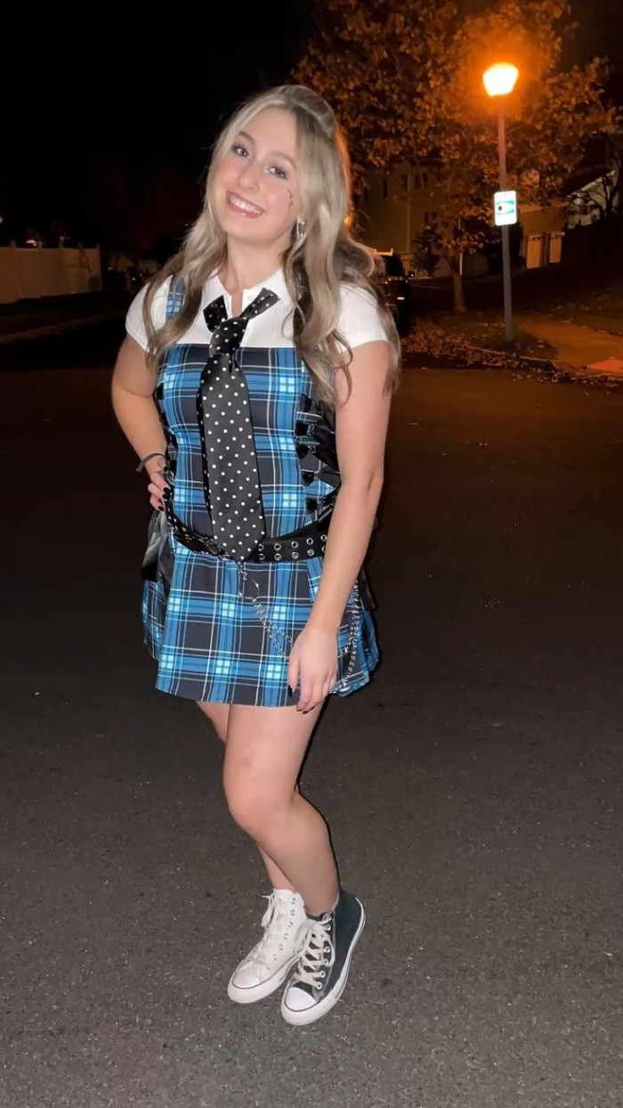 Blue Plaid Schoolgirl Outfit with Black Sneakers