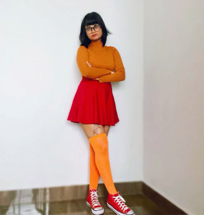 Red Turtleneck with Orange Knee-High Socks