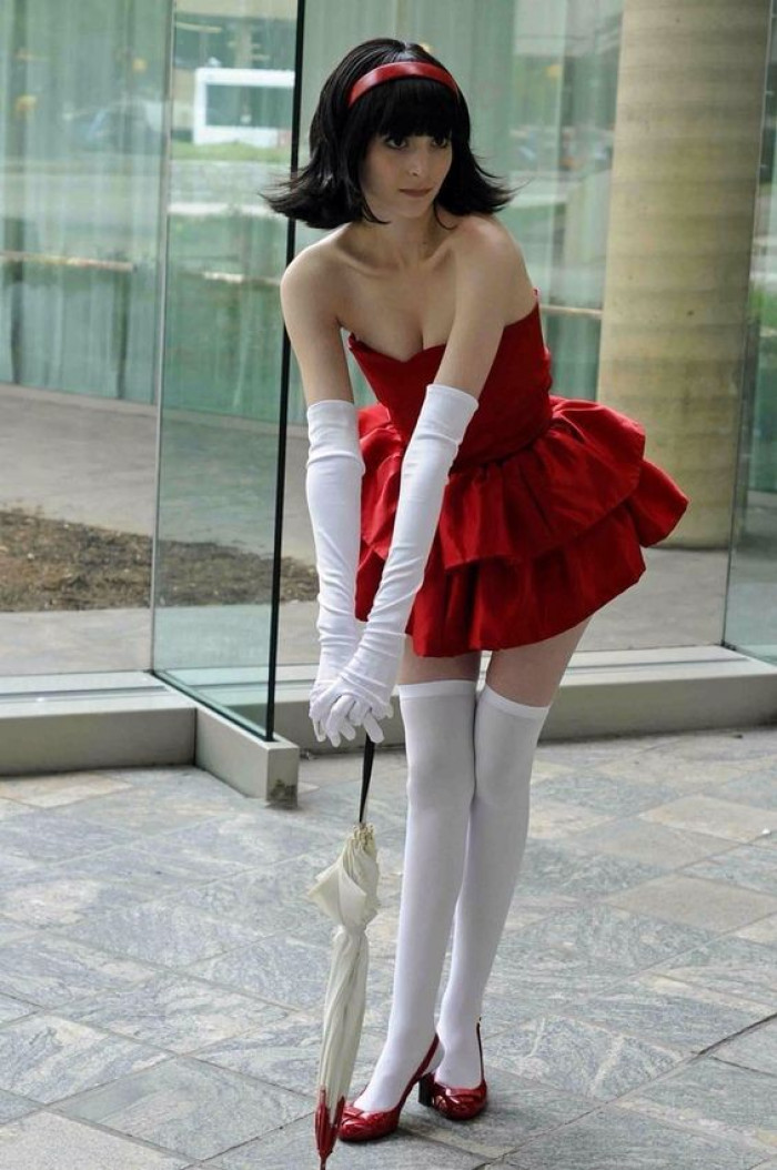 Red Ruffled Dress with White Gloves