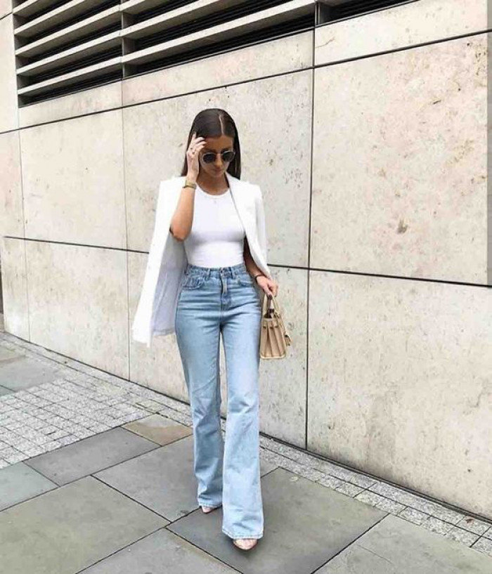 White Blazer and Light Blue Flare Jeans