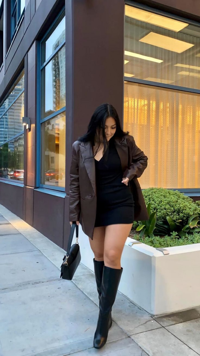 Leather Blazer with Black Mini Dress and Boots