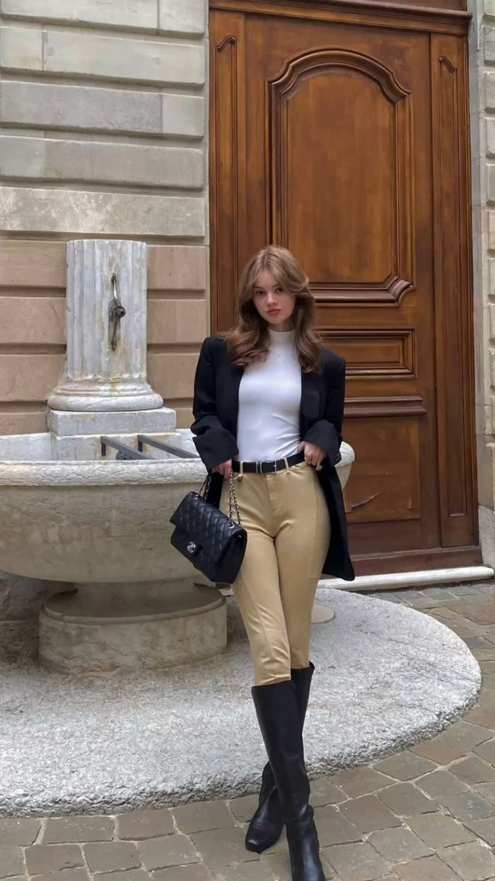 Black Blazer with White Top and Beige Pants