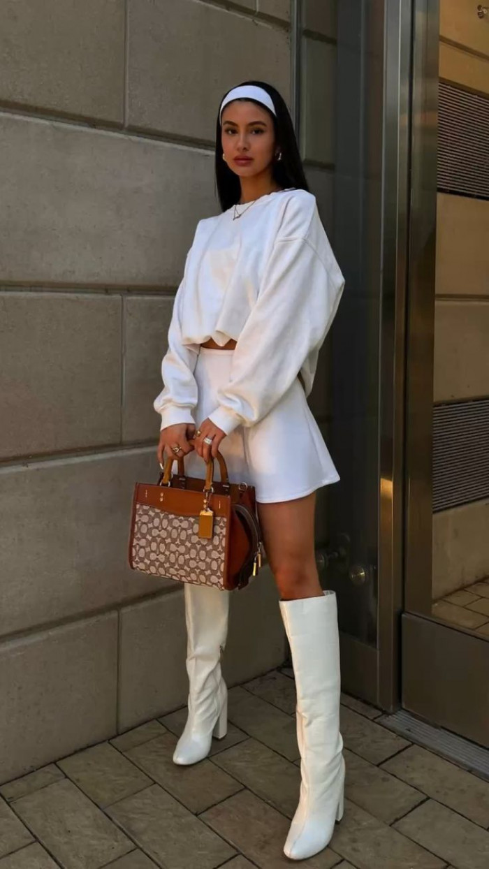 Crop Sweater and Skirt Set with White Boots