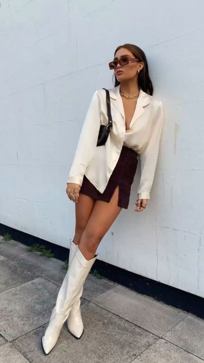 Brown Mini Skirt and White Boots