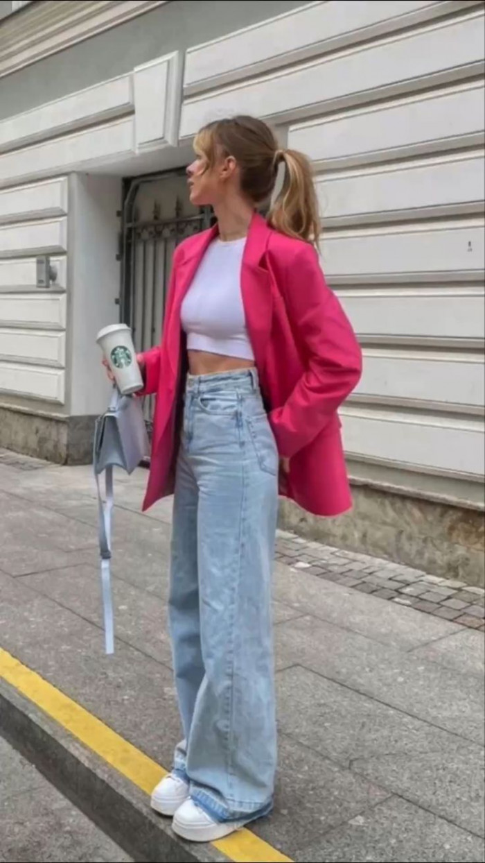 Pink Blazer with Light Blue Jeans