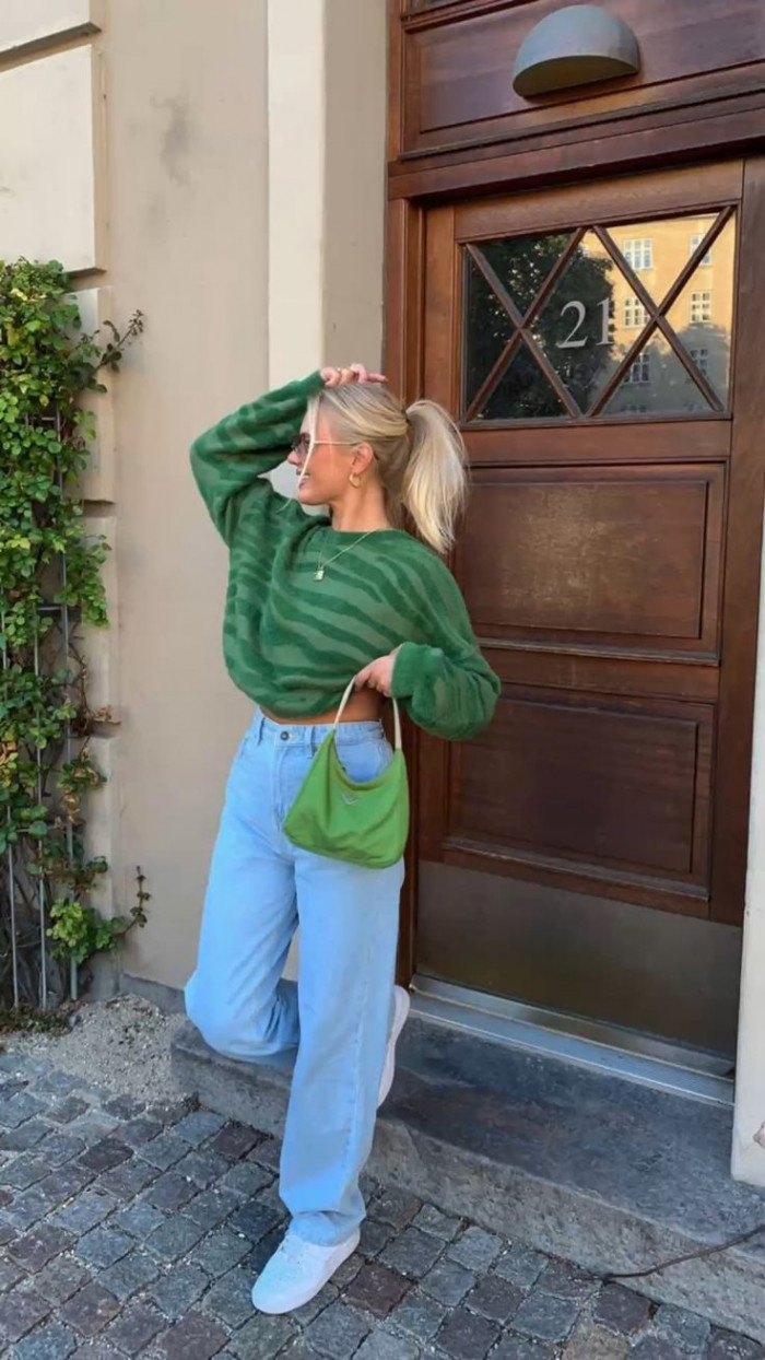 Green Striped Sweater with Light Blue Straight Jeans