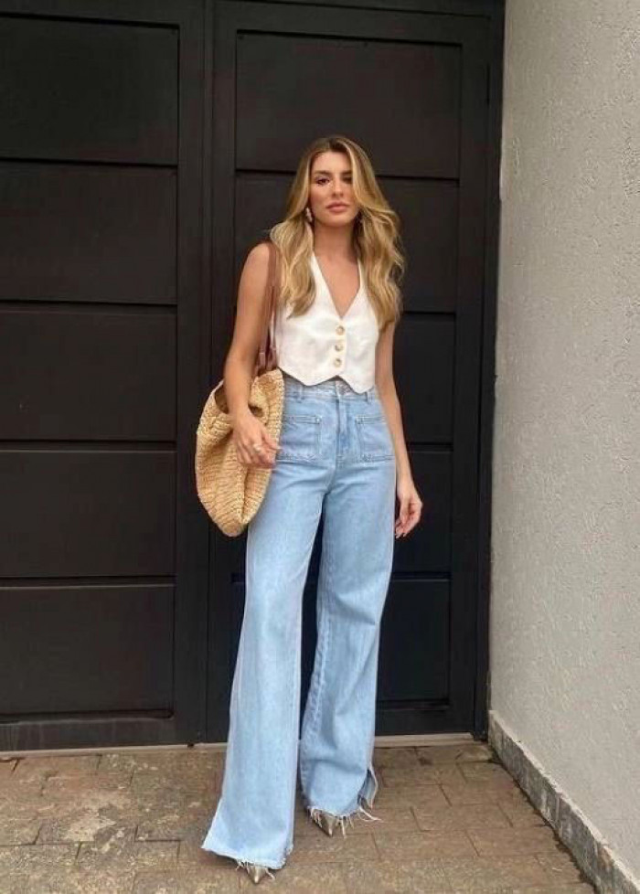 White Button-Up Vest with Light Blue Flared Jeans