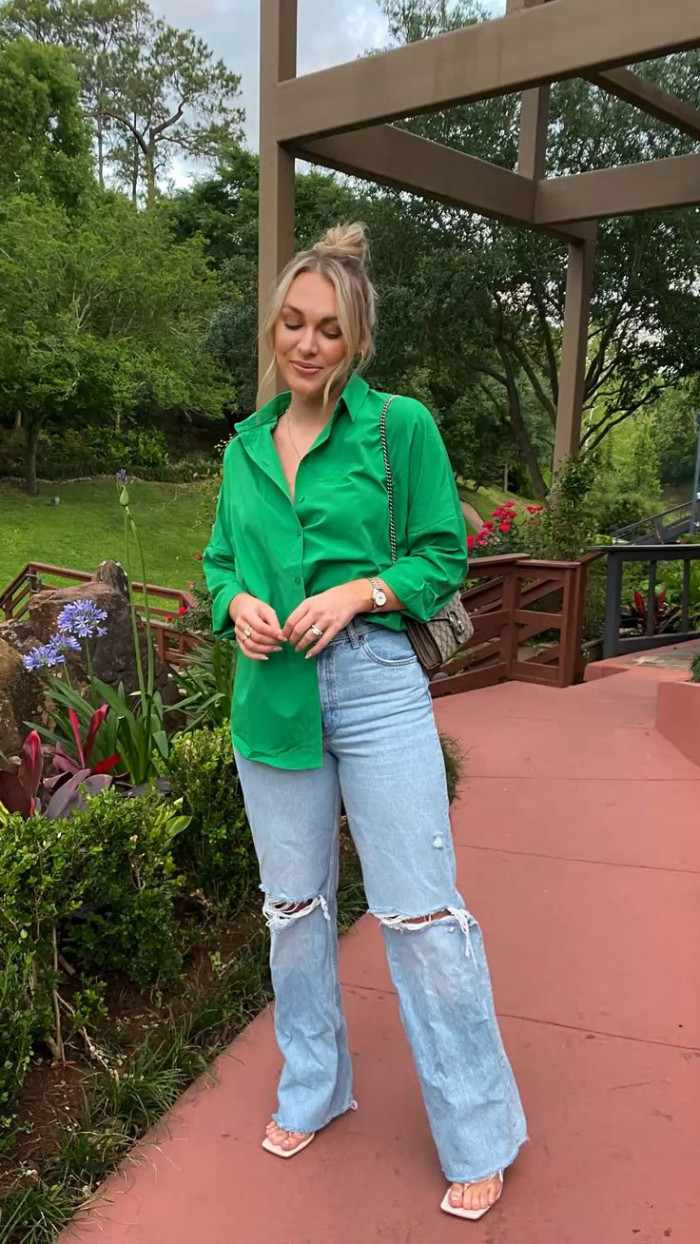 Green Button-Up Shirt with Light Blue Jeans