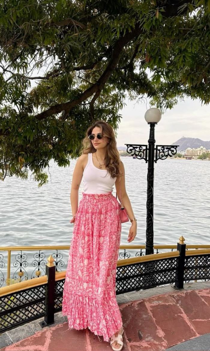 White Tank Top with Pink Maxi Skirt 