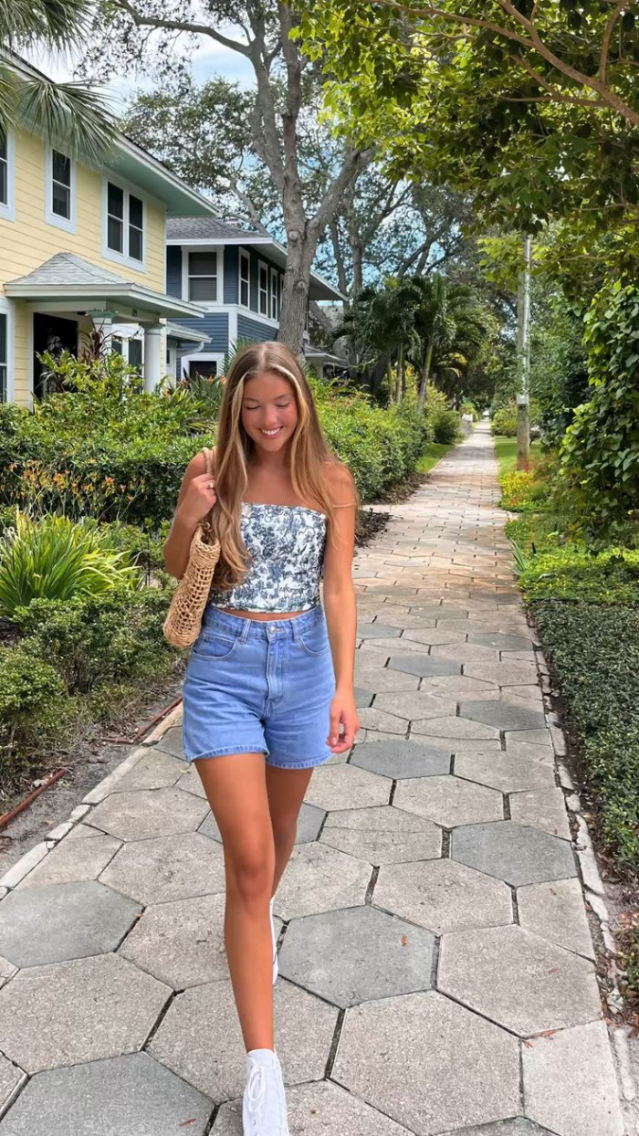 Floral Bandeau Top with Denim Shorts