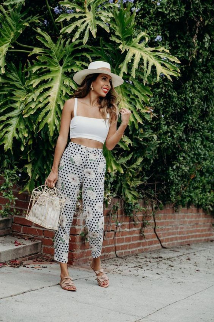 White Crop Top with Printed High-Waist Pants