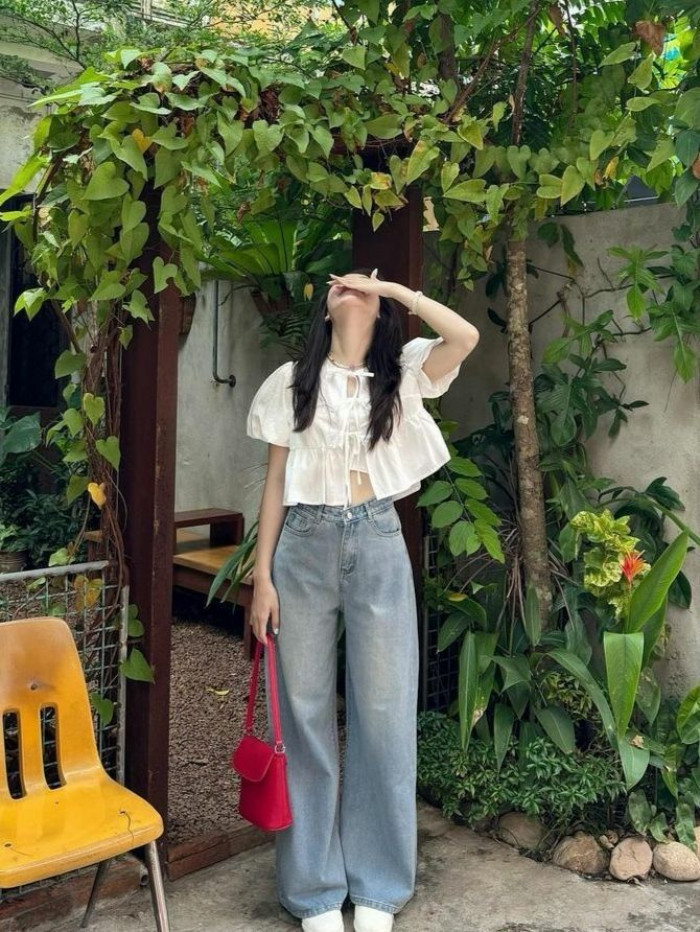 Cropped White Blouse with Wide-Leg Jeans