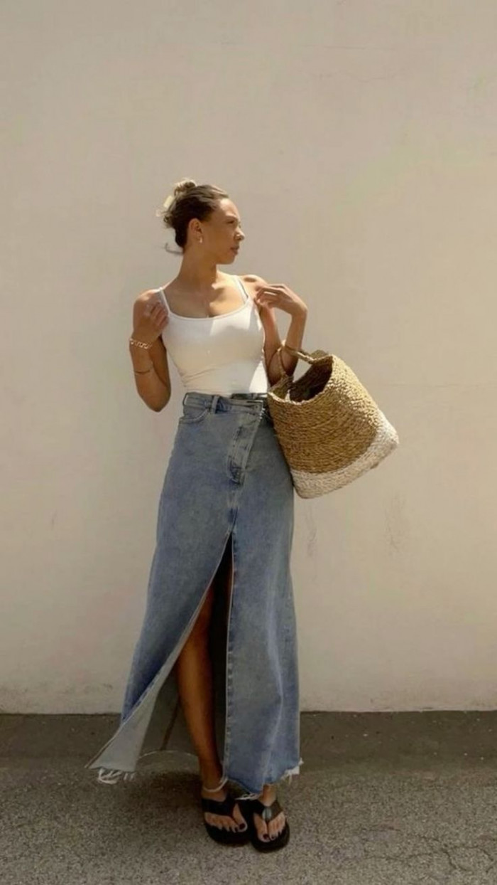 White Tank Top with High-Slit Denim Skirt for a Casual Picnic