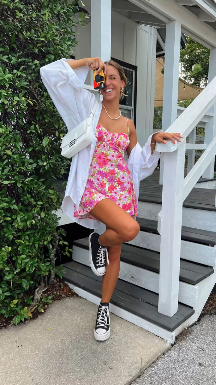 Pink Floral Mini Dress with White Sneakers