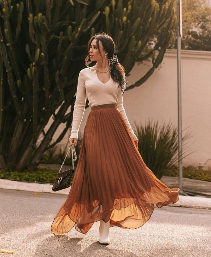 Cream Sweater with Flowy Rust Pleated Maxi Skirt