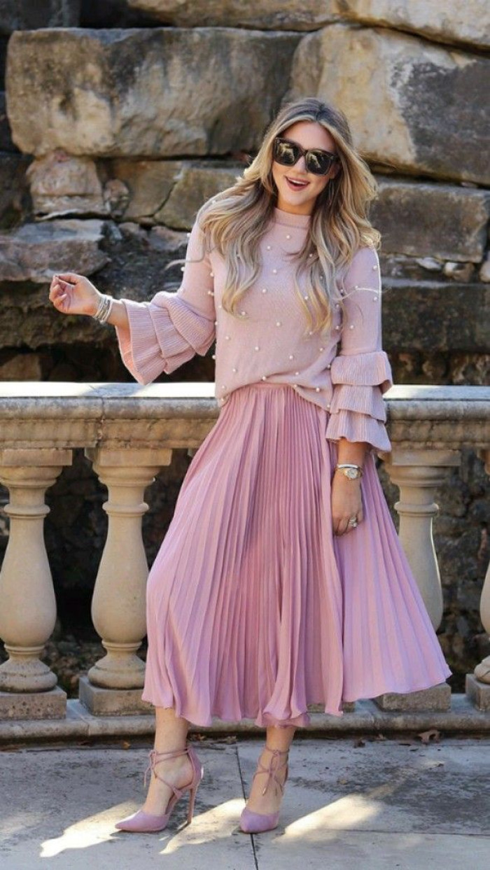 Pearl-Embellished Sweater with Pastel Pink Pleated Skirt