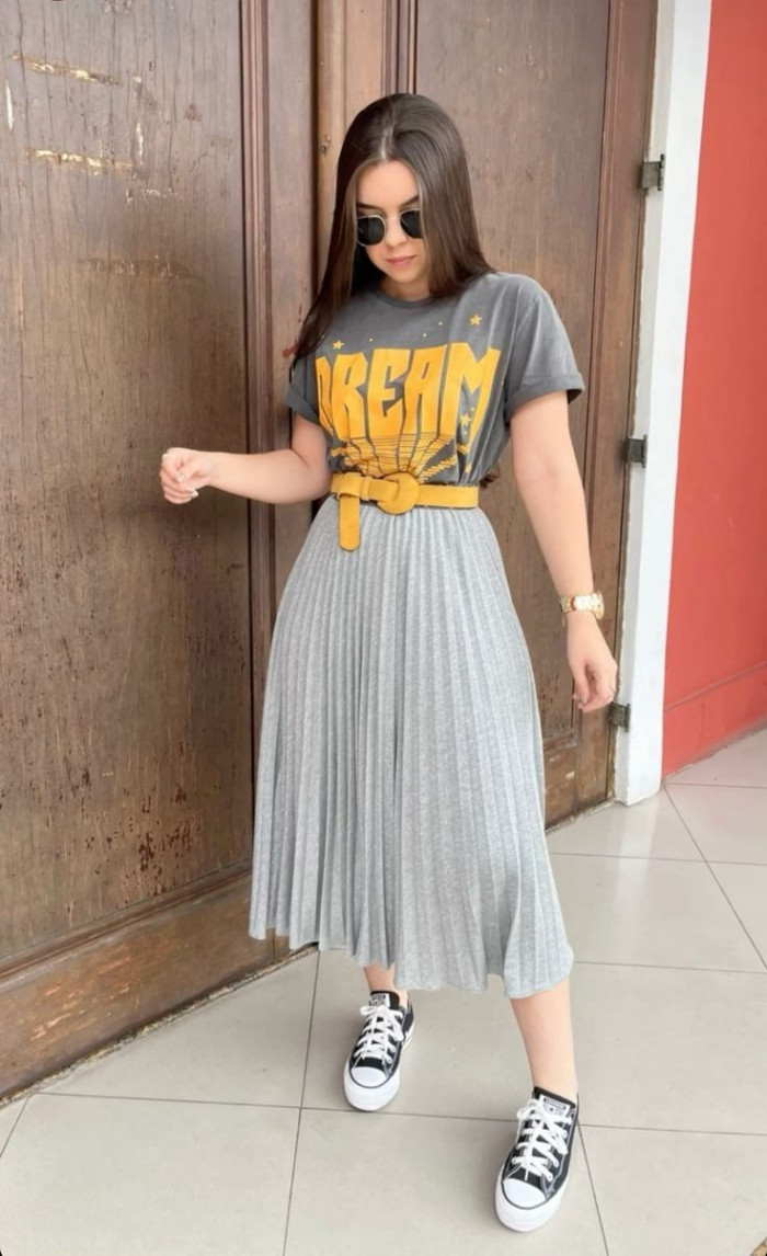 Graphic T-Shirt with Gray Pleated Midi Skirt