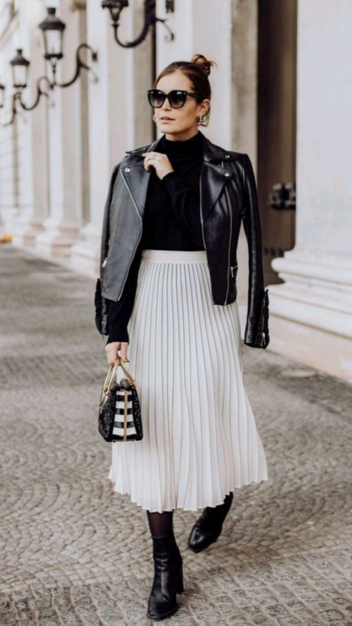 Black Leather Jacket with White Pleated Midi Skirt