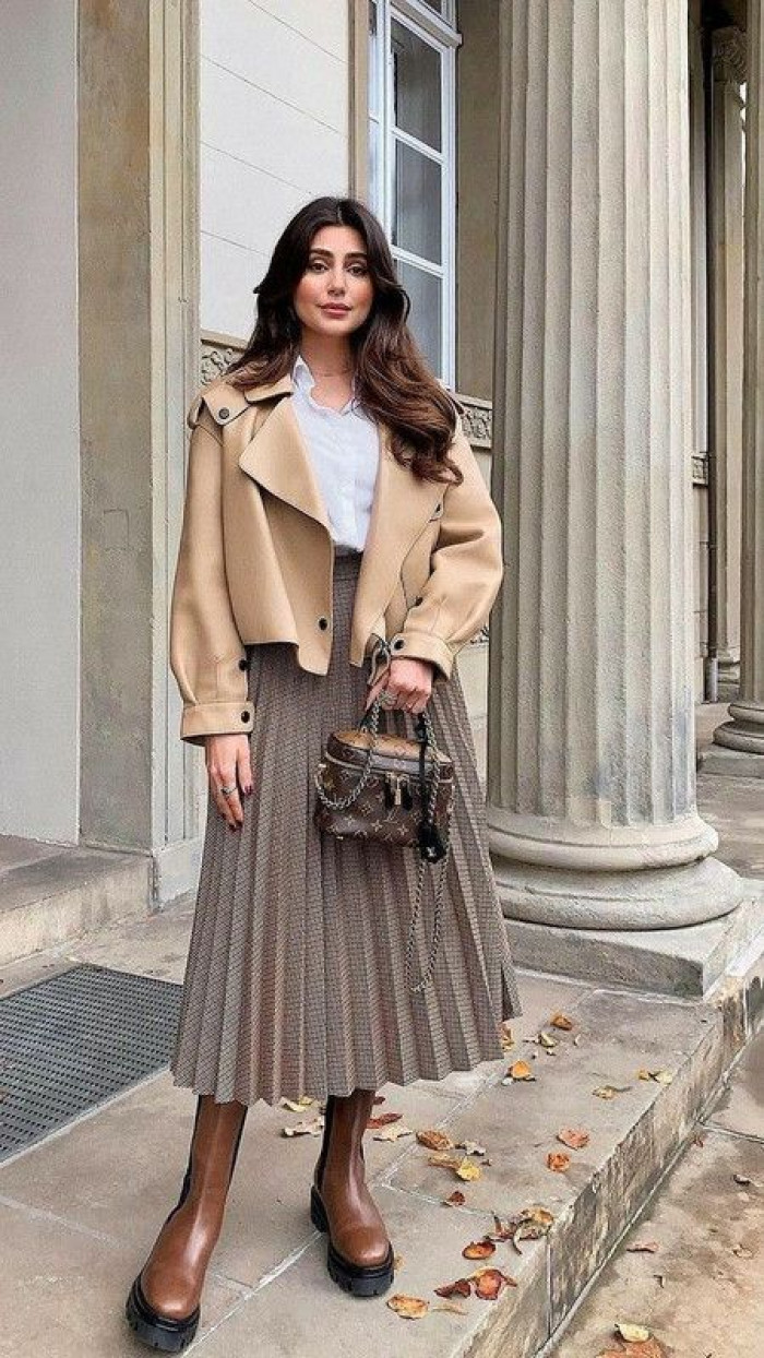 Beige Jacket with Pleated Midi Skirt