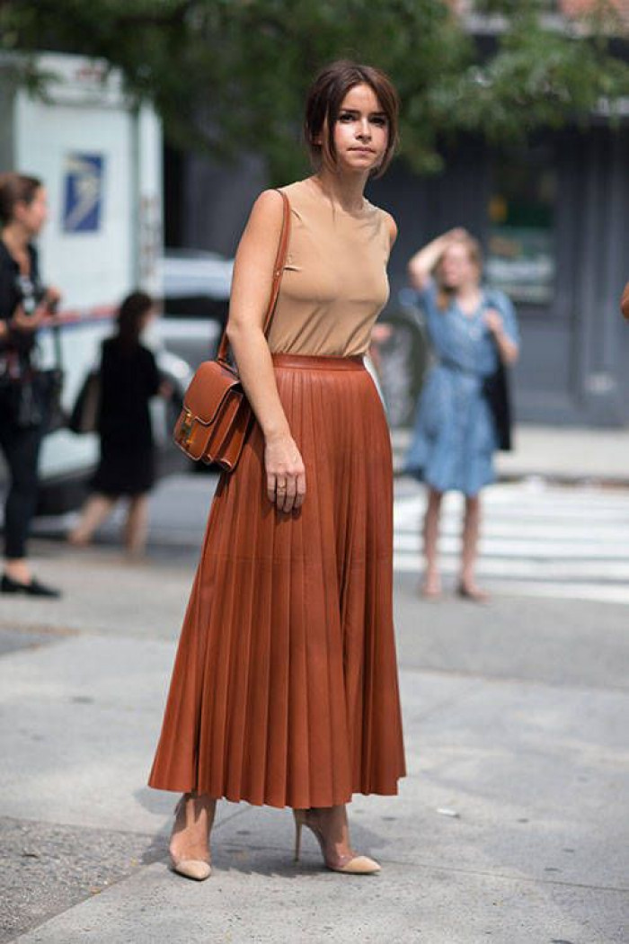 Beige Top with Rust Pleated Midi Skirt