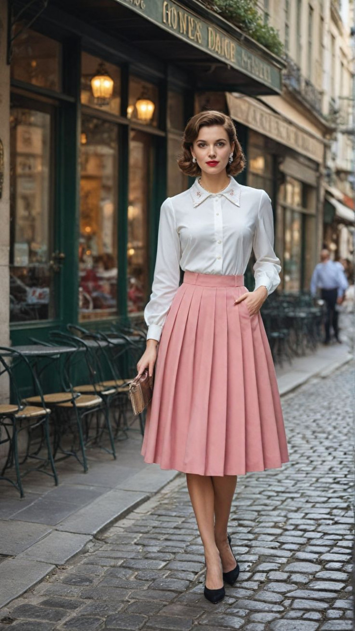  White Blouse with Pink Pleated Midi Skirt