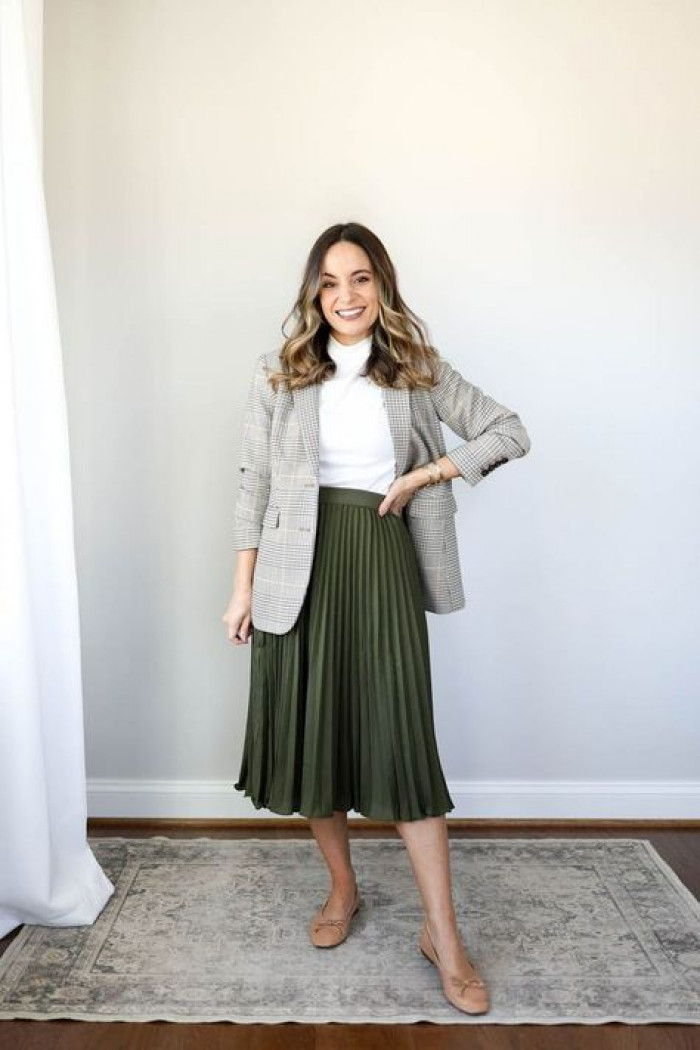 Plaid Blazer with Olive Green Pleated Skirt