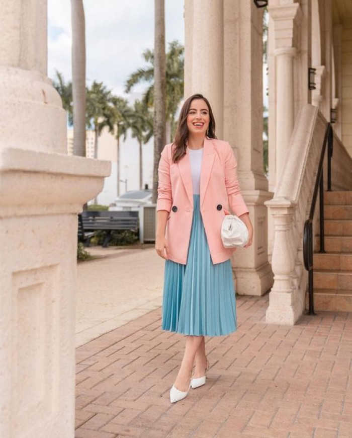 Pink Blazer with Blue Pleated Skirt