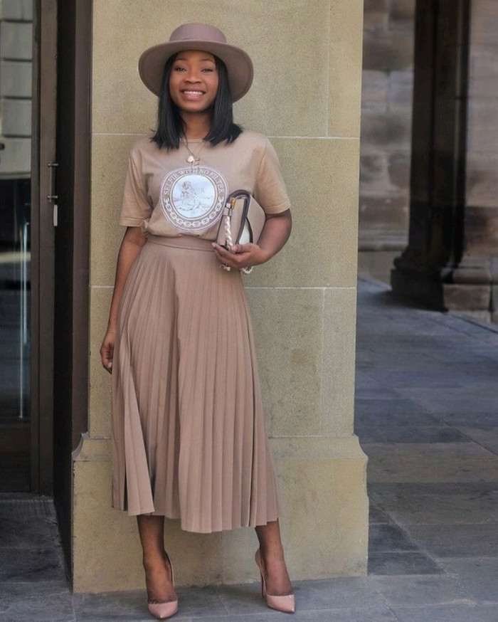 Beige Graphic Tee with Matching Pleated Skirt