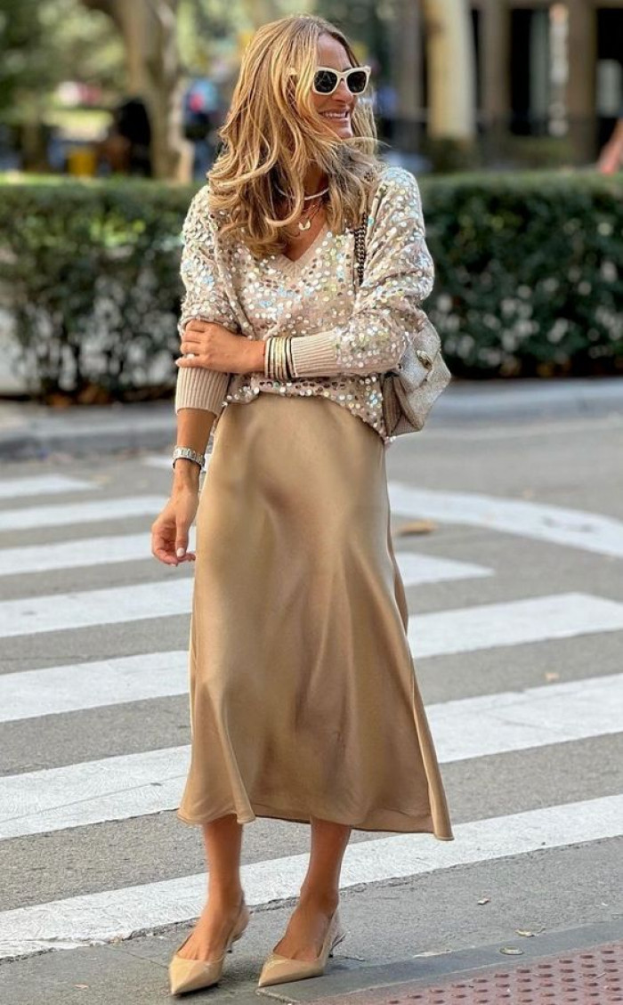 Beige Sequin Sweater and Satin Skirt