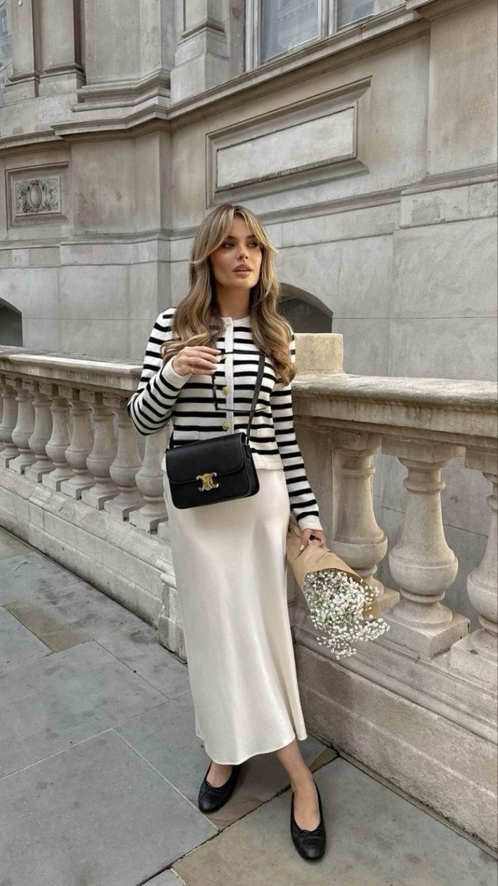 Striped Sweater and Satin Midi Skirt