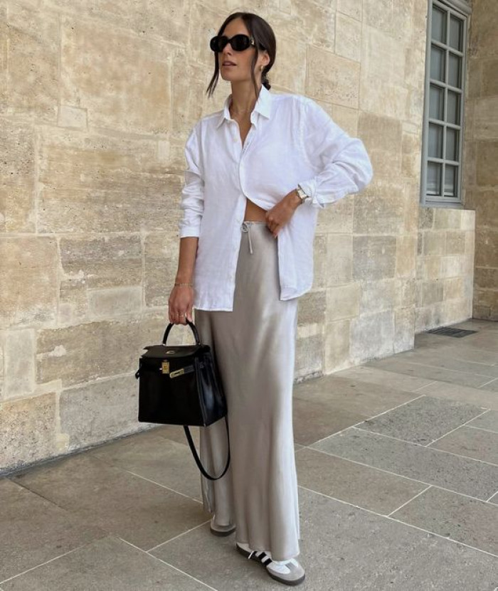 White Button-Up Shirt and Satin Skirt