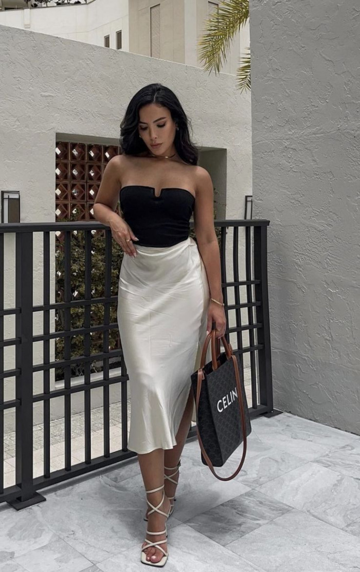 Black Strapless Top with Satin White Skirt