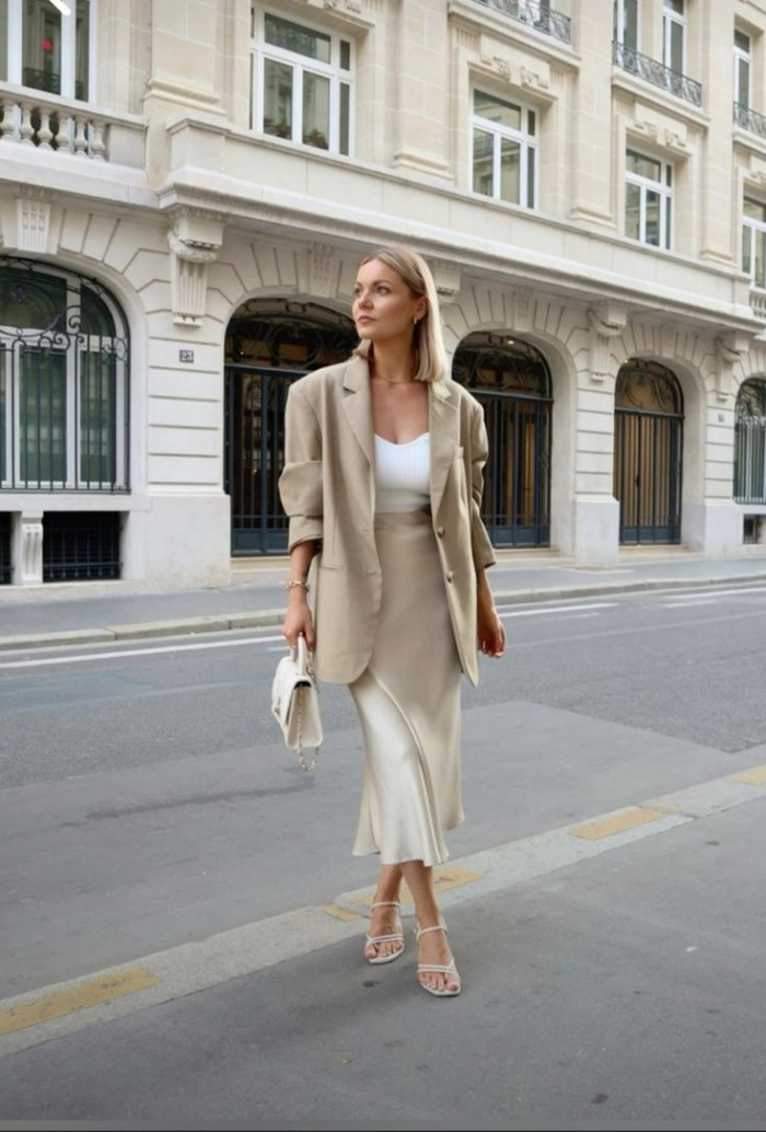 Beige Blazer Over Satin Skirt