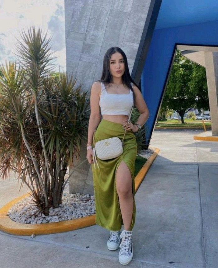 White Crop Top and Olive Satin Skirt