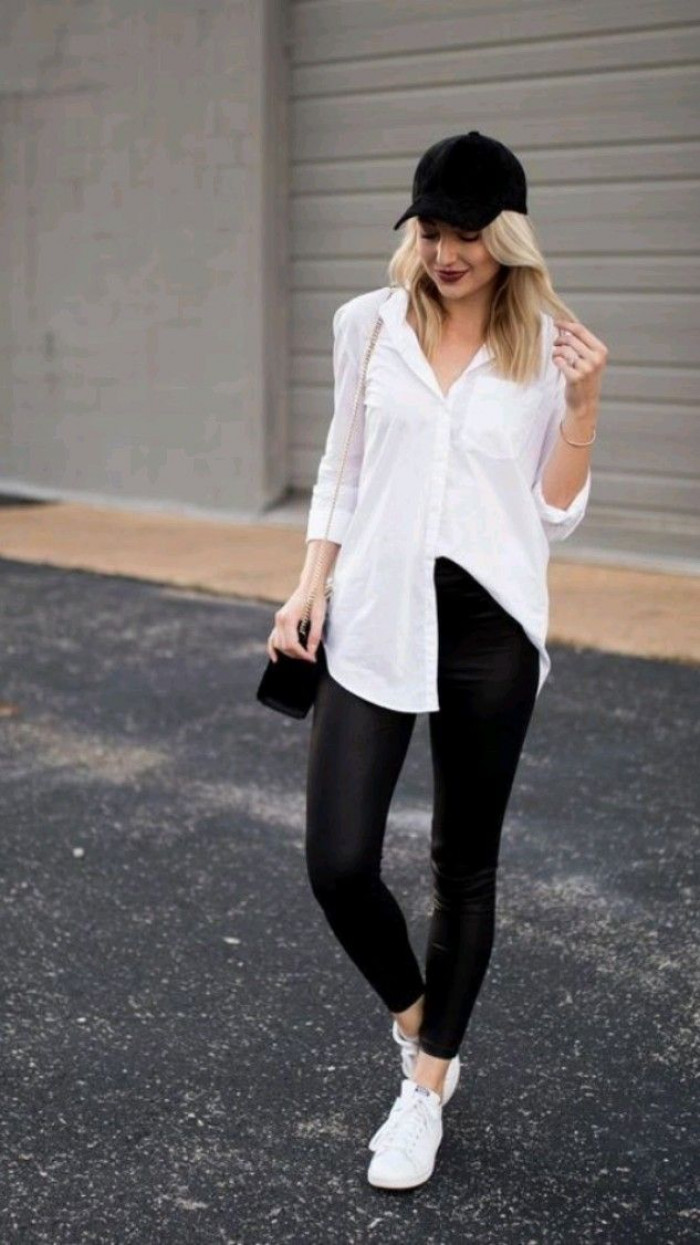 White Shirt with Faux Leather Leggings