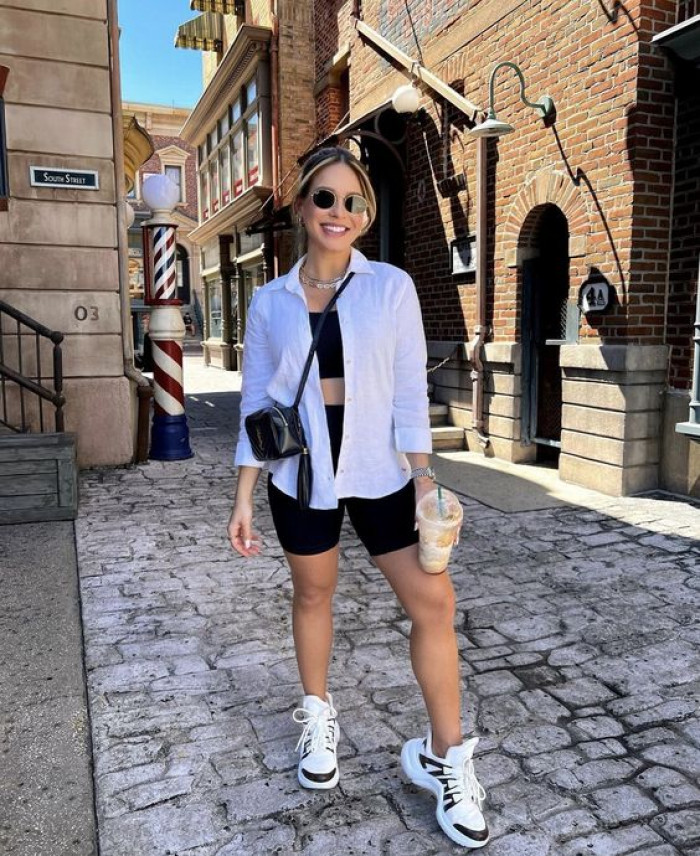 White Shirt And Black Biker Shorts