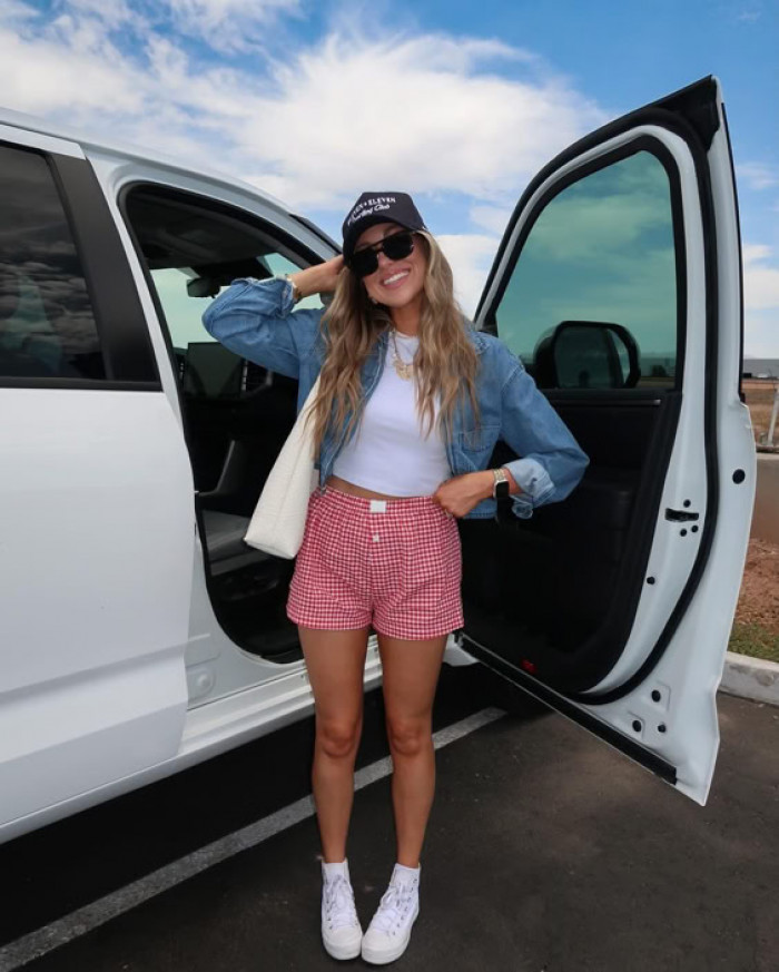 Denim Jacket And Red Checkered Shorts