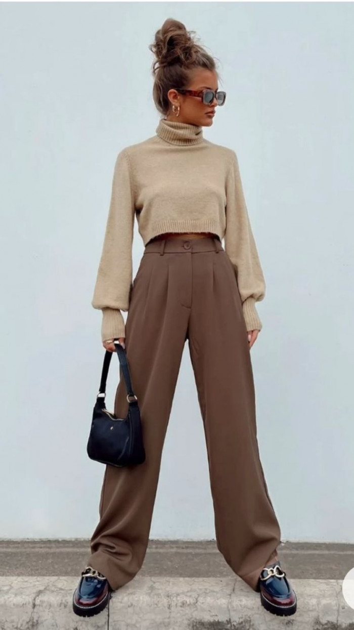 Cropped Turtleneck with Brown Trousers