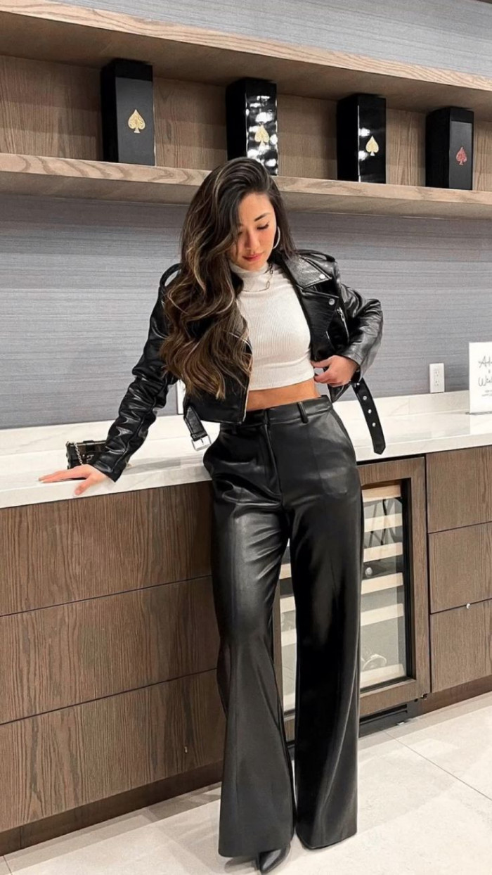 White Turtleneck Crop Top with Black Leather Pants