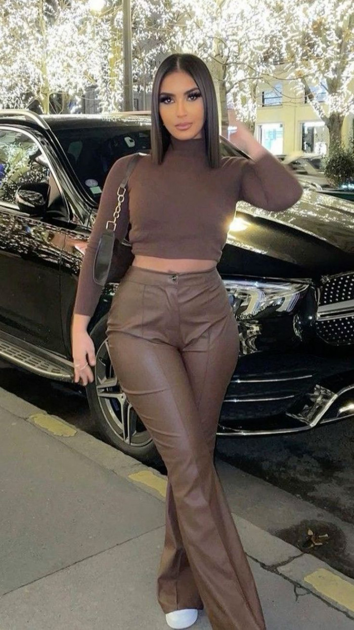 Brown Turtleneck with Matching Leather Pants