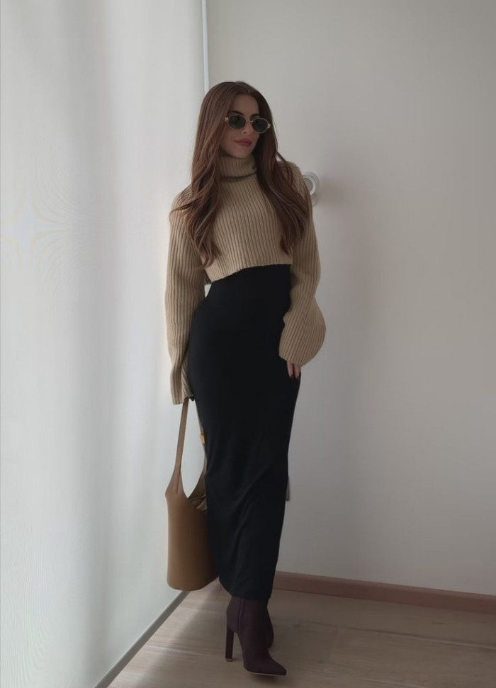 Beige Cropped Turtleneck with Black Pencil Skirt