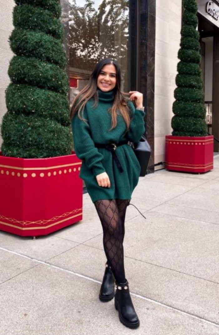 Cozy Dark Green Turtleneck Sweater Dress