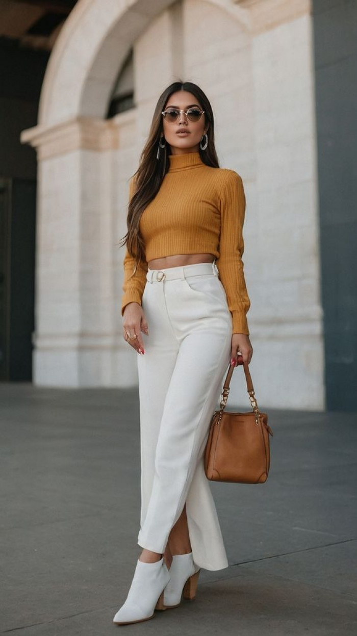 Mustard Cropped Turtleneck with White Slit Pants