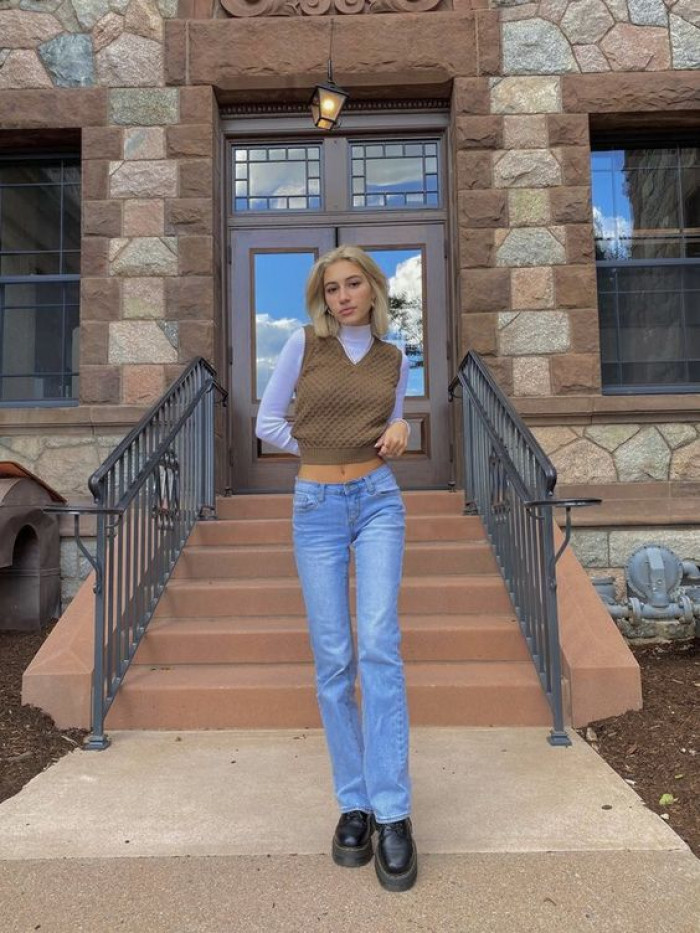 White Turtleneck with Brown Sweater Vest