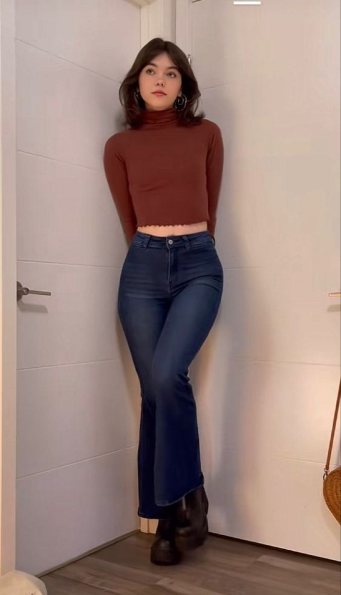 Brown Turtleneck Crop Top with Jeans