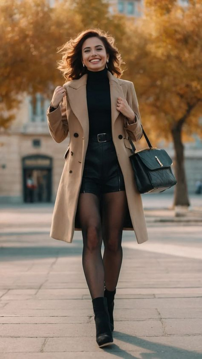 Black Turtleneck with Camel Coat