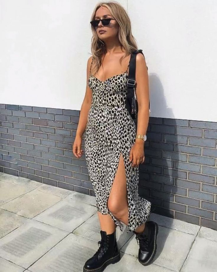 Leopard Print Midi Dress with Combat Boots